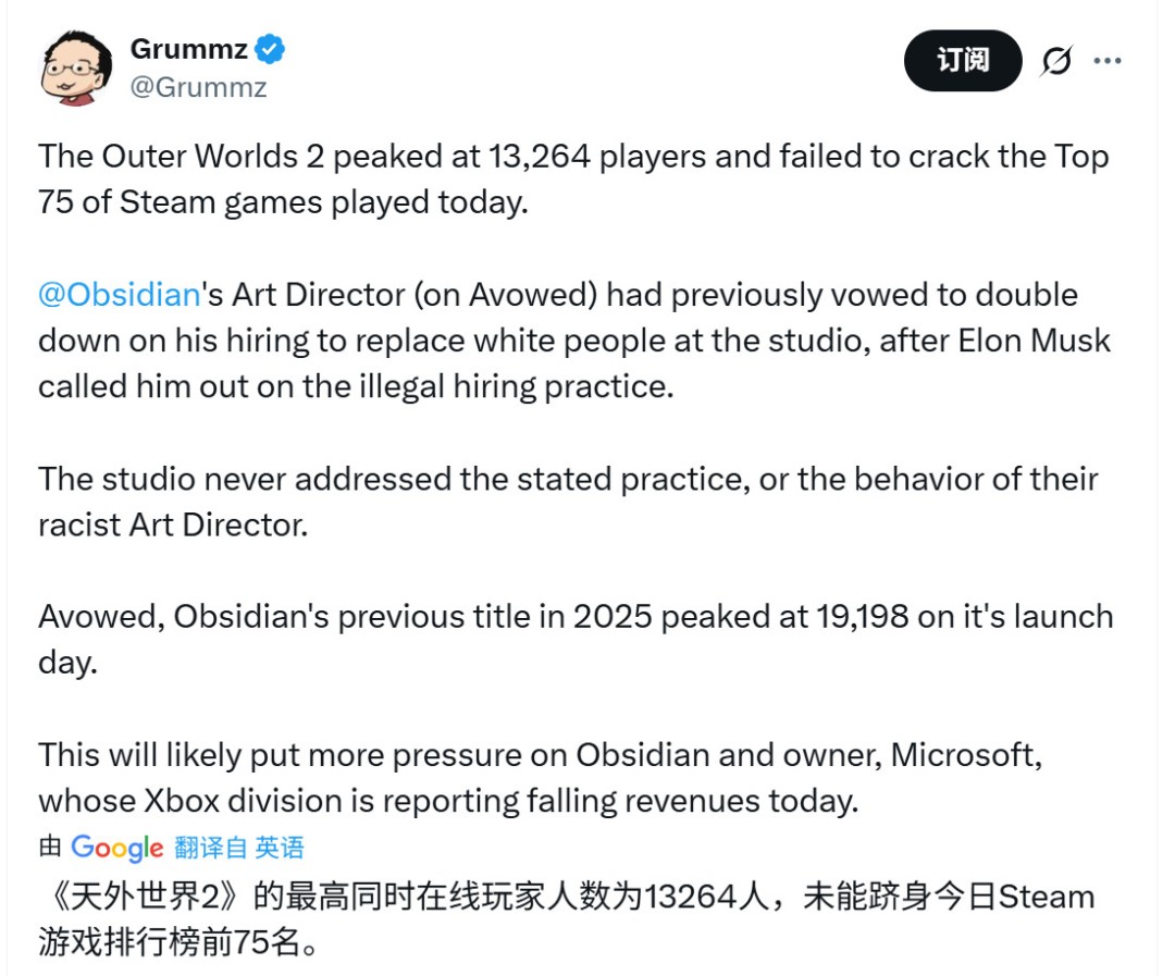 《天外世界2》Steam在线峰值1.3万 不及前作
