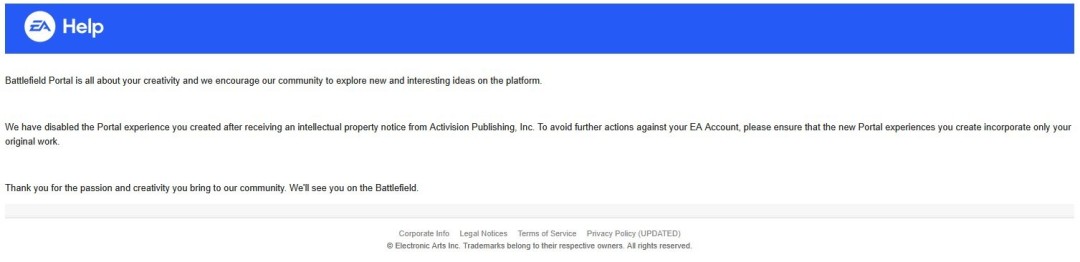 删了也警告? 《战地6》自制COD地图创作者再收侵权通知 4 删了也警告? 《战地6》自制COD地图创作者再收侵权通知