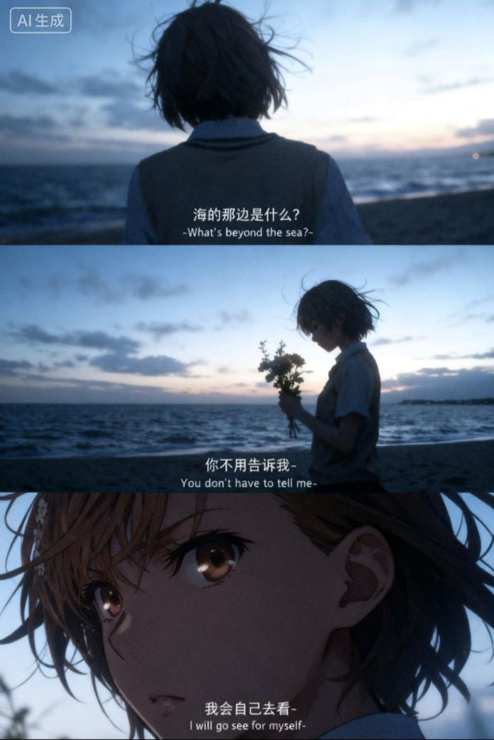 用AI生成的海边氛围三宫格，怎么内容变得越来越抽象了？