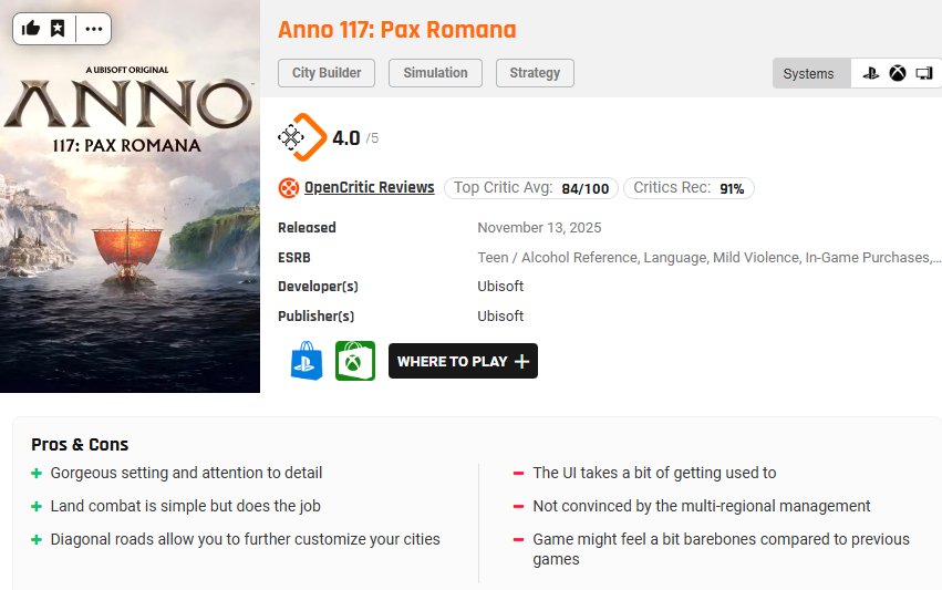 《纪元117：罗马和平》M站均分85分！IGN9分好评