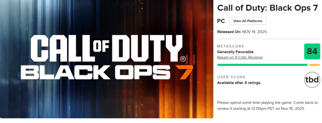 《使命召唤：黑色行动7》M站均分84 IGN6分评价一般！