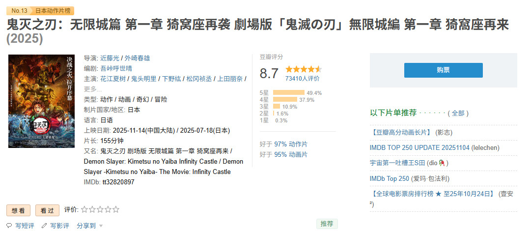 《鬼灭之刃：无限城篇 第一章》国内票房突破3亿元