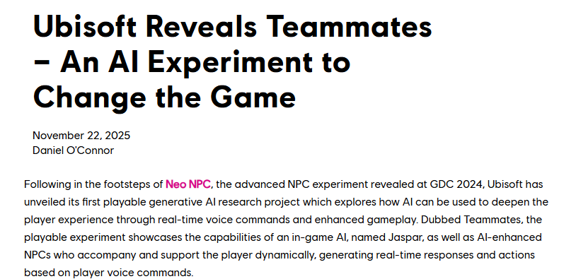 育碧公布新AI研究Teammates 让游戏NPC能够听懂玩家指示
