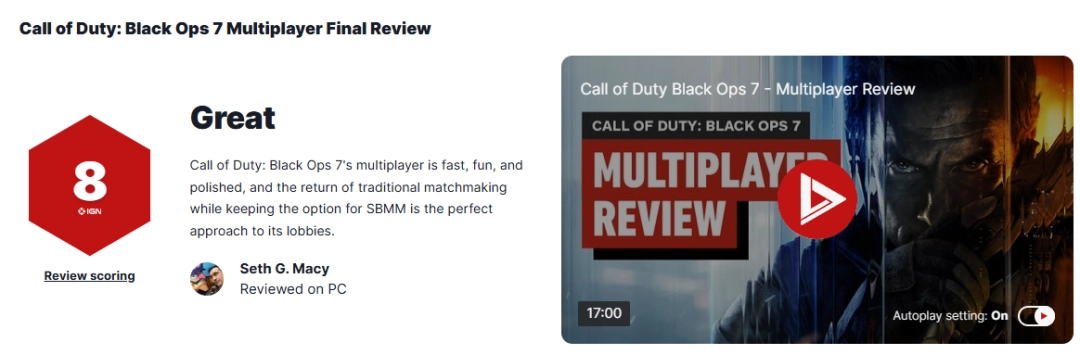 《使命召唤：黑色行动7》多人模式IGN8分：相当出色充满乐趣！