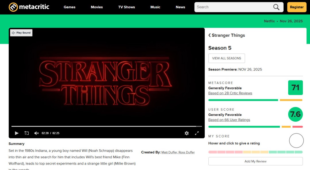 《怪奇物语》第五季现已开播 IGN评分8分、豆瓣开分9.6分