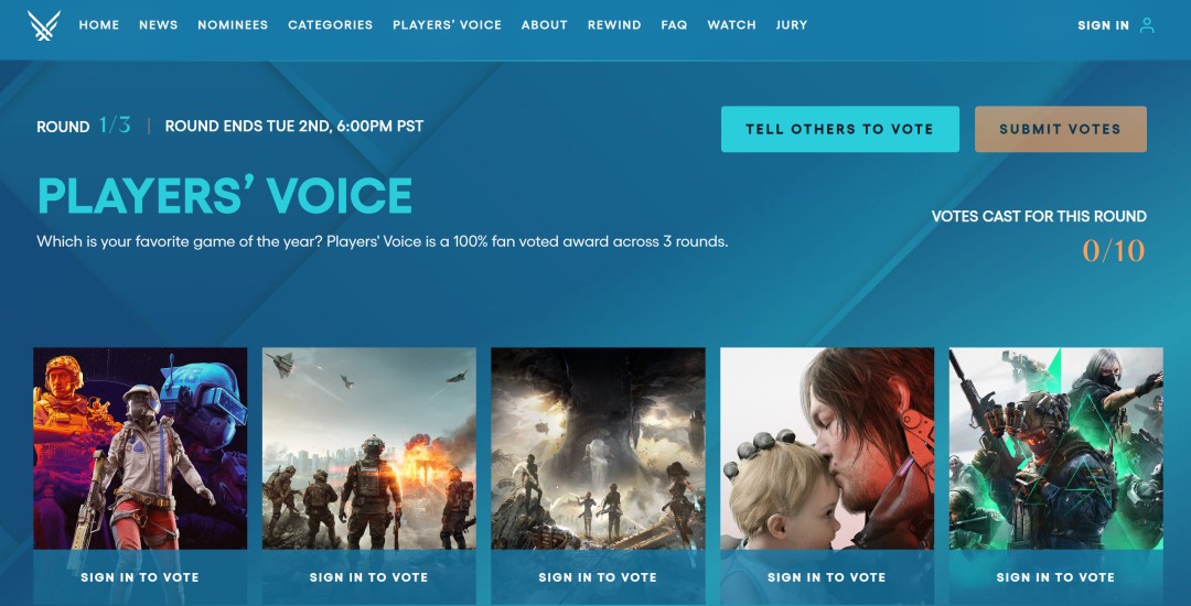 2025年TGA“玩家之声”第一轮投票现已开启