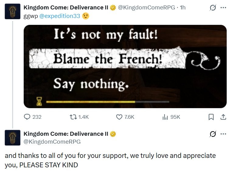 都怪法国人！ 《天国：拯救2》官方发帖调侃TGA