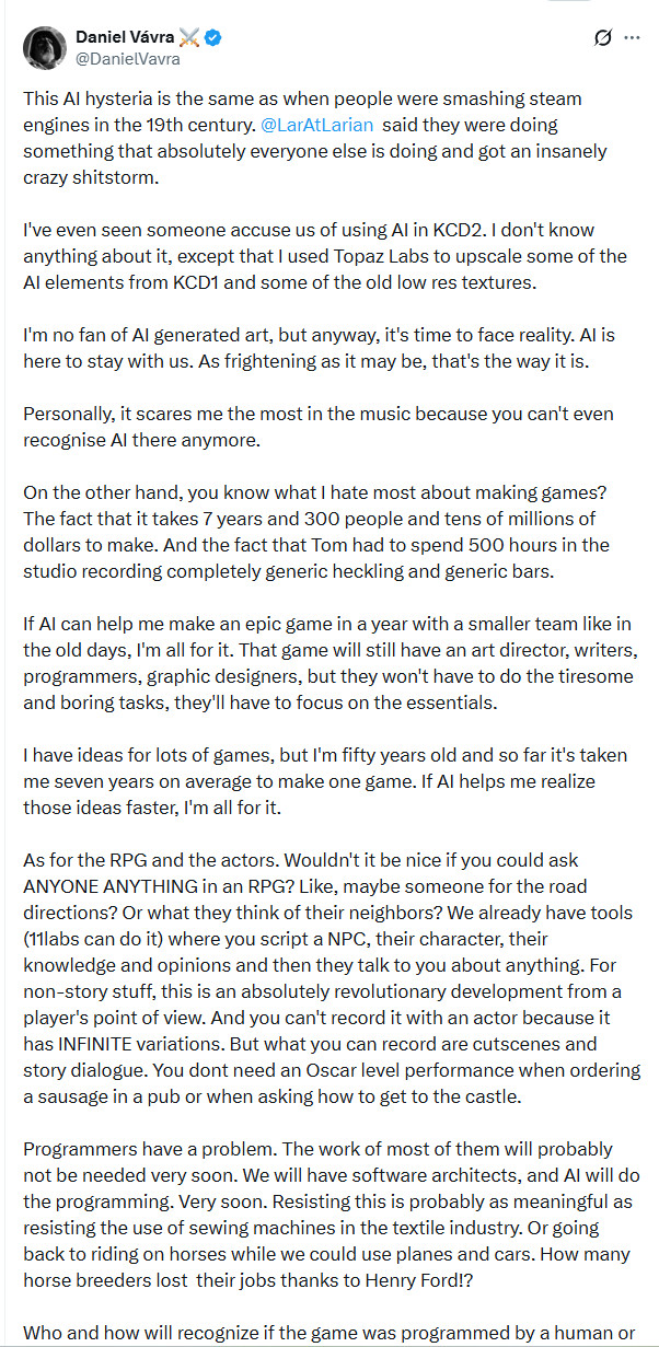 《天国：拯救2》开发商力挺拉瑞安：面对现实吧 AI将长期存在