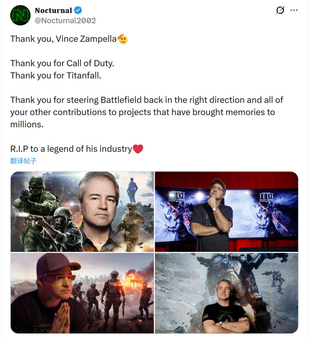 传奇谢幕！业界多名开发者悼念FPS传奇开发者Vince Zampella