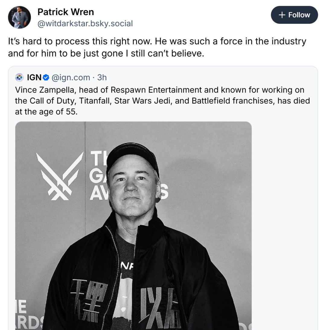 传奇谢幕！业界多名开发者悼念FPS传奇开发者Vince Zampella