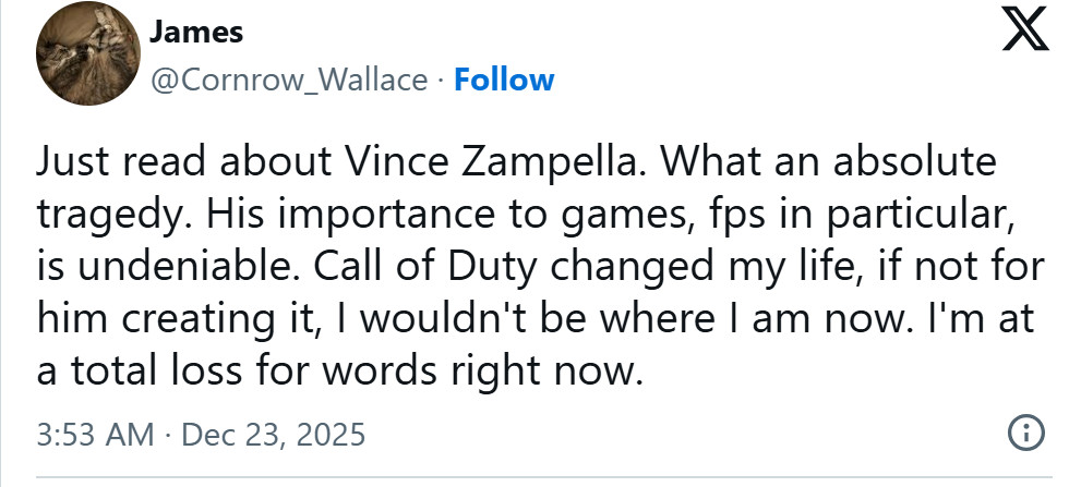 传奇谢幕！业界多名开发者悼念FPS传奇开发者Vince Zampella