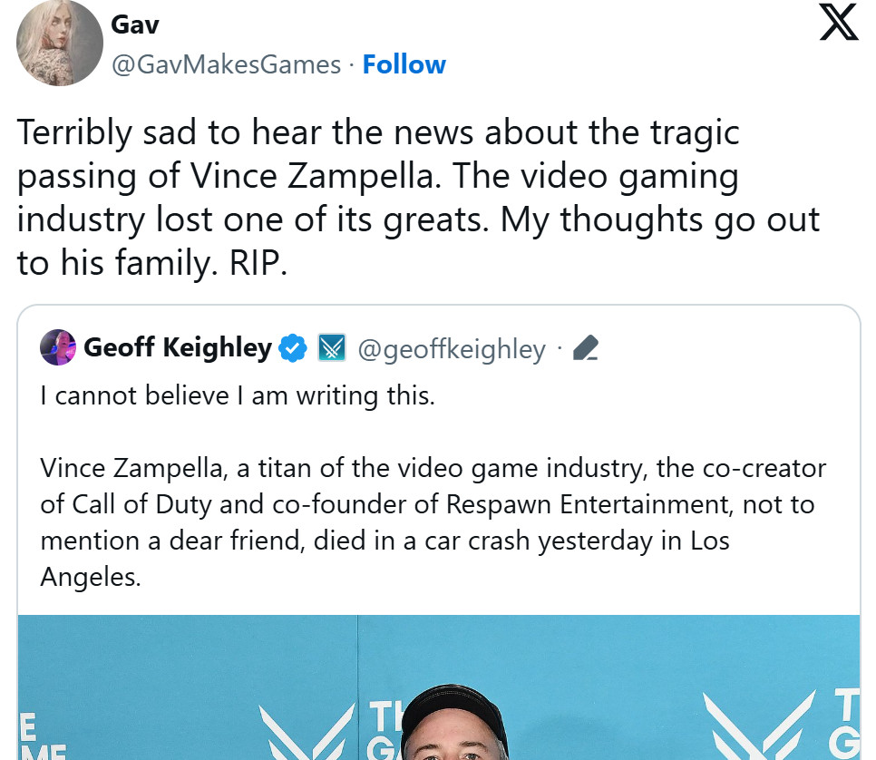 传奇谢幕！业界多名开发者悼念FPS传奇开发者Vince Zampella