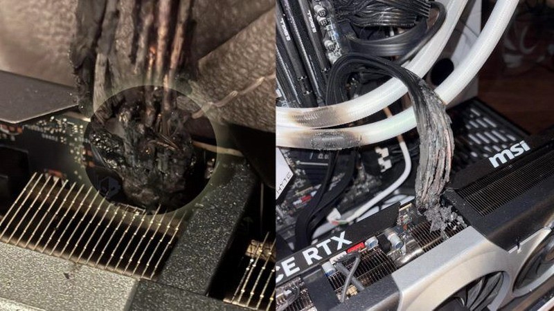 RTX5090原装电源线起火面目全非 CPU水冷管遭波及