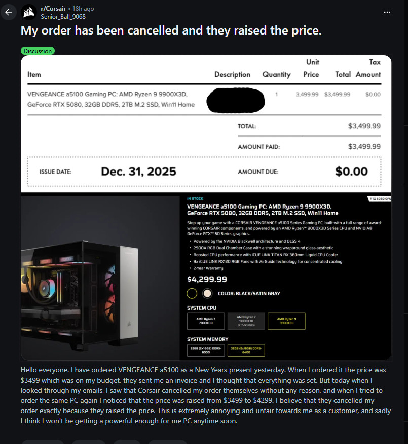 新年买PC翻车:网友怒斥海盗船取消订单涨价800美元