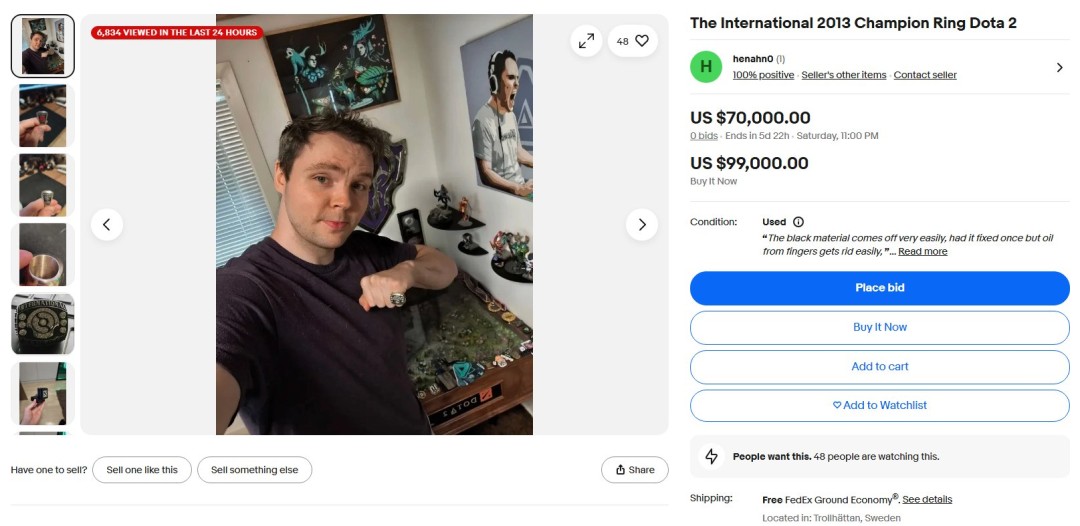 Dota2 ti3冠军戒指被挂拍卖平台 7万美元起拍无人问津