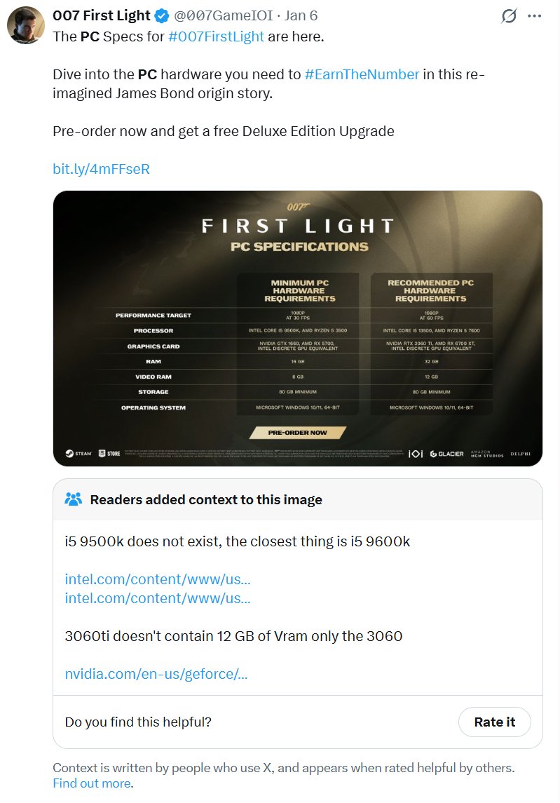 《007：初露锋芒》PC配置离大谱 CPU根本不存在