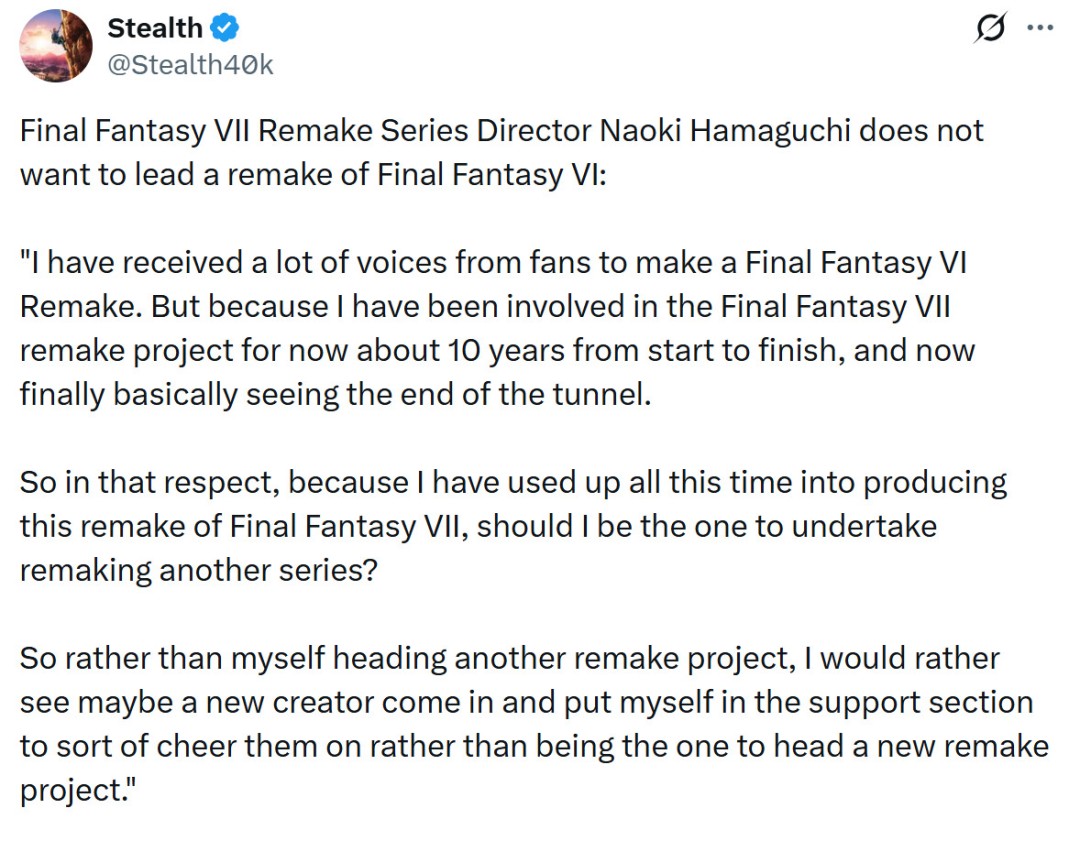 滨口直树：新员工最喜欢《FF13》 不会主导《最终幻想6：重制版》