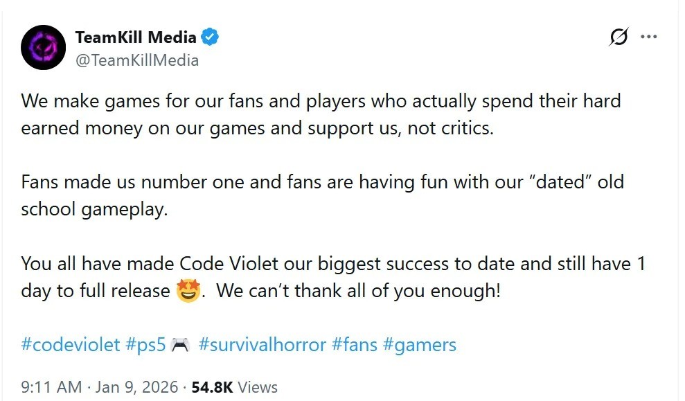 《Code Violet》开发商回应差评：这是为粉丝制作的游戏