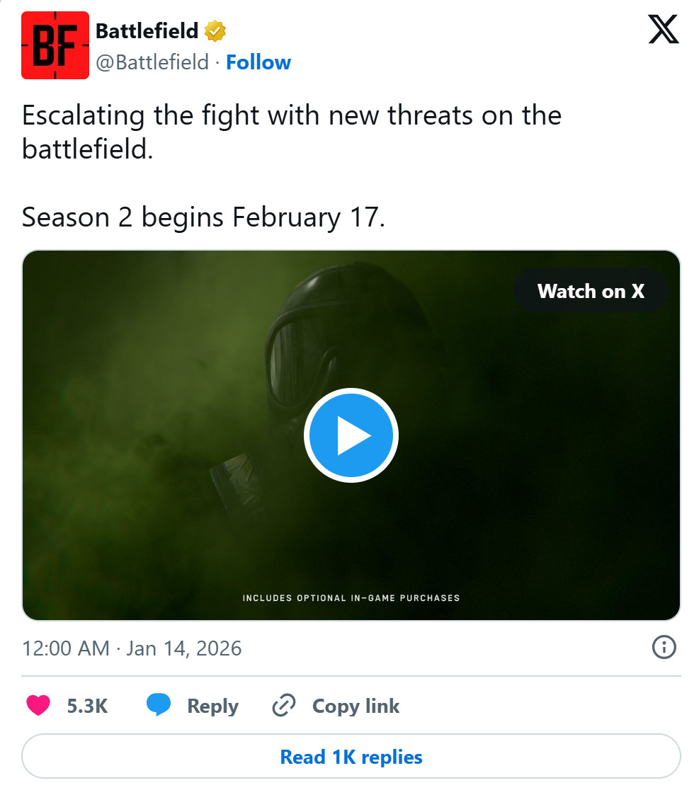 《战地6》第二赛季延期一个月 将于2月17日上线