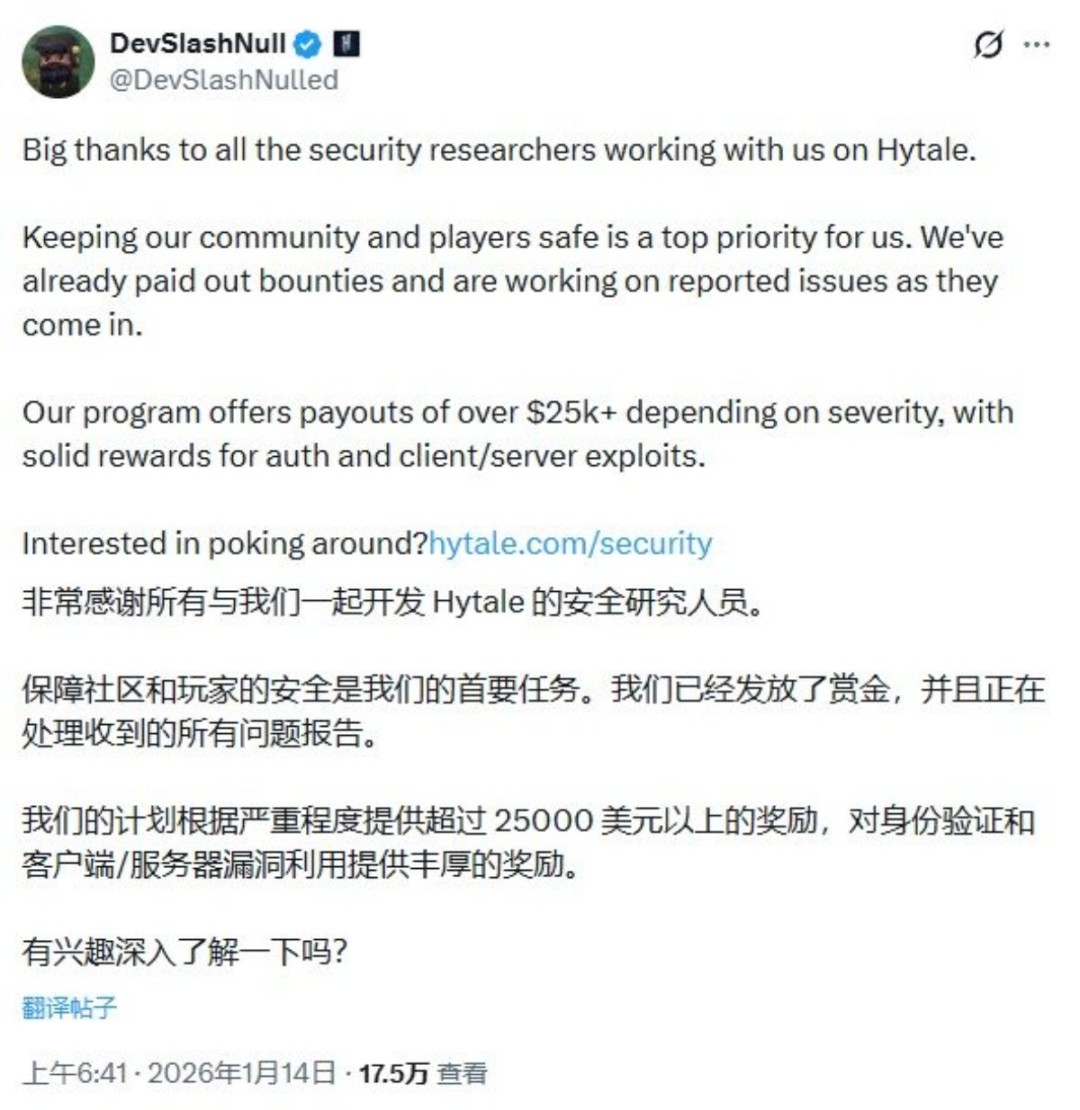 上线即爆火 《Hytale》悬赏超2.5万美元求玩家找bug