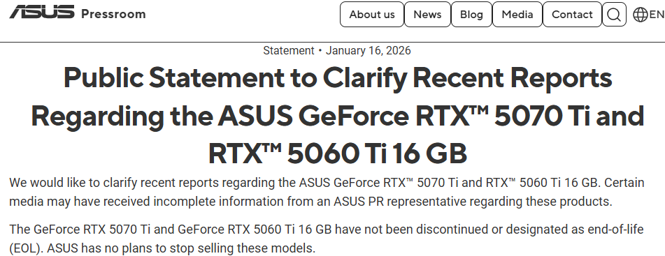 华硕官方回应 否认RTX 5070 Ti等部分显卡停产传闻 