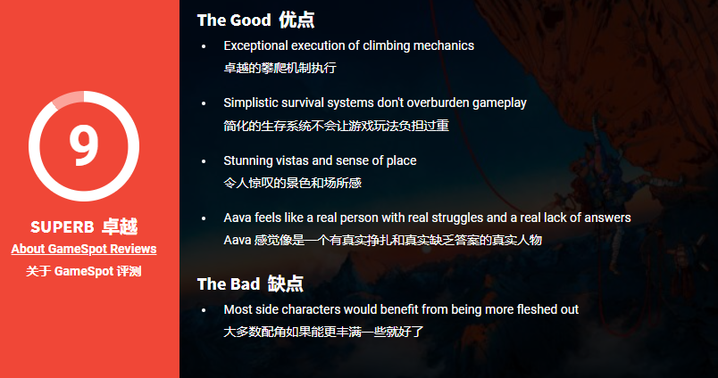 生存攀岩游戏《孤山独影》M站均分84！IGN9分好评