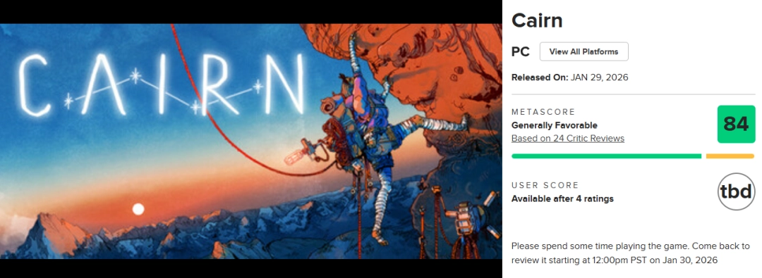 生存攀岩游戏《孤山独影》M站均分84！IGN9分好评