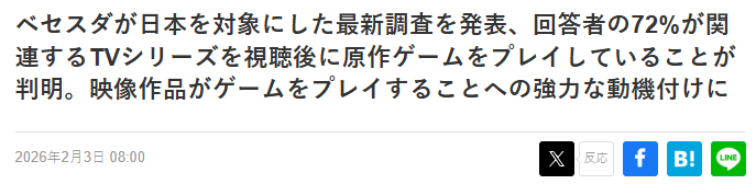 B社公布日本玩家限定调查 七成玩家看过衍生剧后去玩的游戏