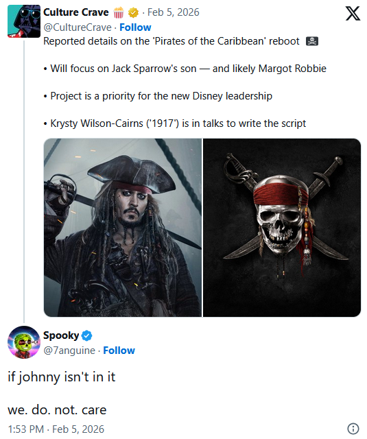 粉丝痛批《加勒比海盗》重启传闻：没杰克船长就别拍