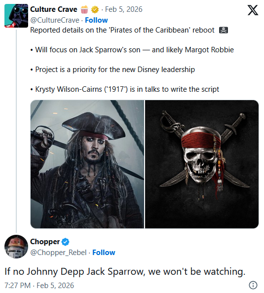 粉丝痛批《加勒比海盗》重启传闻：没杰克船长就别拍