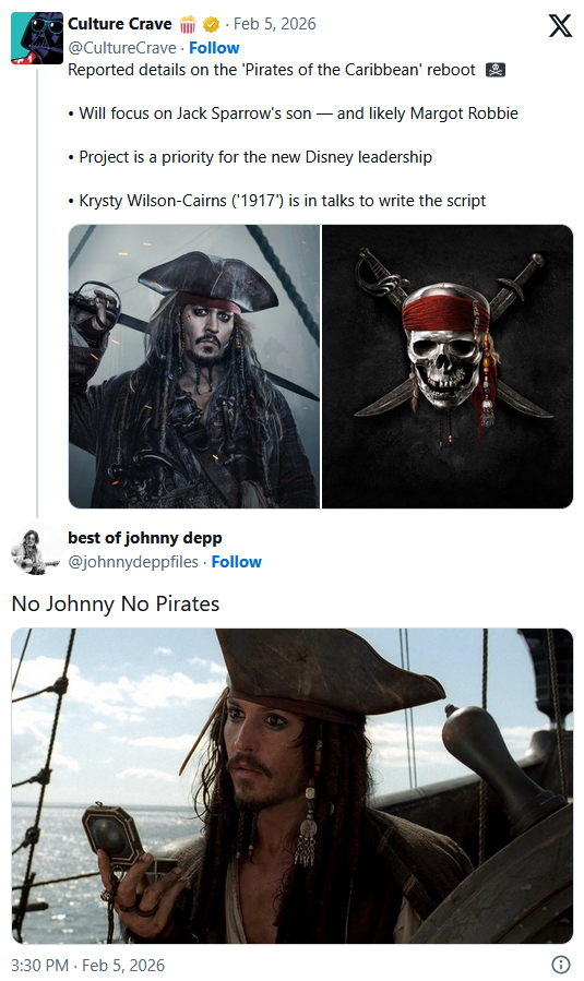粉丝痛批《加勒比海盗》重启传闻：没杰克船长就别拍