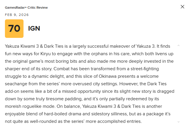 《如龙极3》M站75分：外传节奏拖沓 剧情补充有限