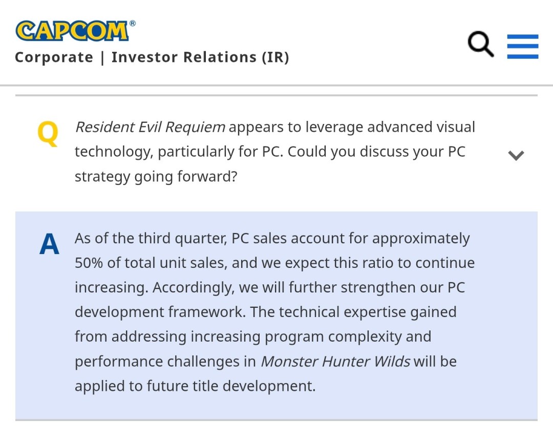 Capcom:PC平台销量占了总销量的50% 预计这一比例将继续增长