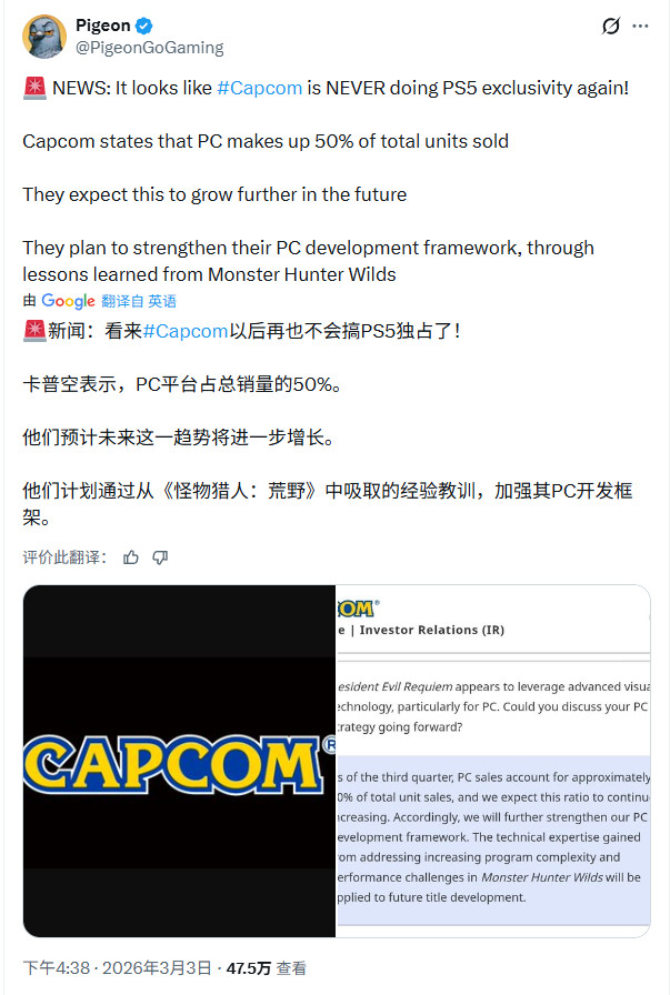 Capcom：PC平台销量占了总销量的50% 预计这一比例将继续增长