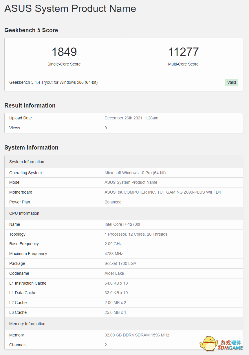 英特尔酷睿 i7-12700F 处理器跑分曝光：超越 AMD R7 5800X