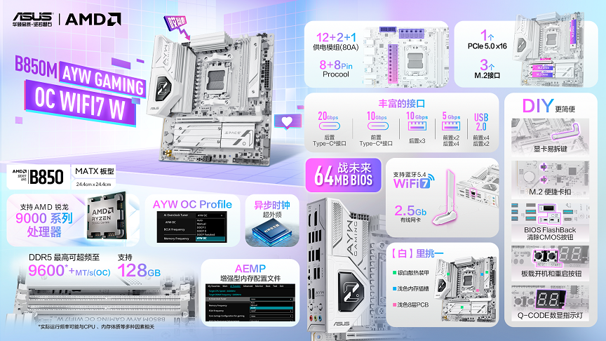 华硕B850M AYW OC WIFI7 W主板开售 白色超频新神器